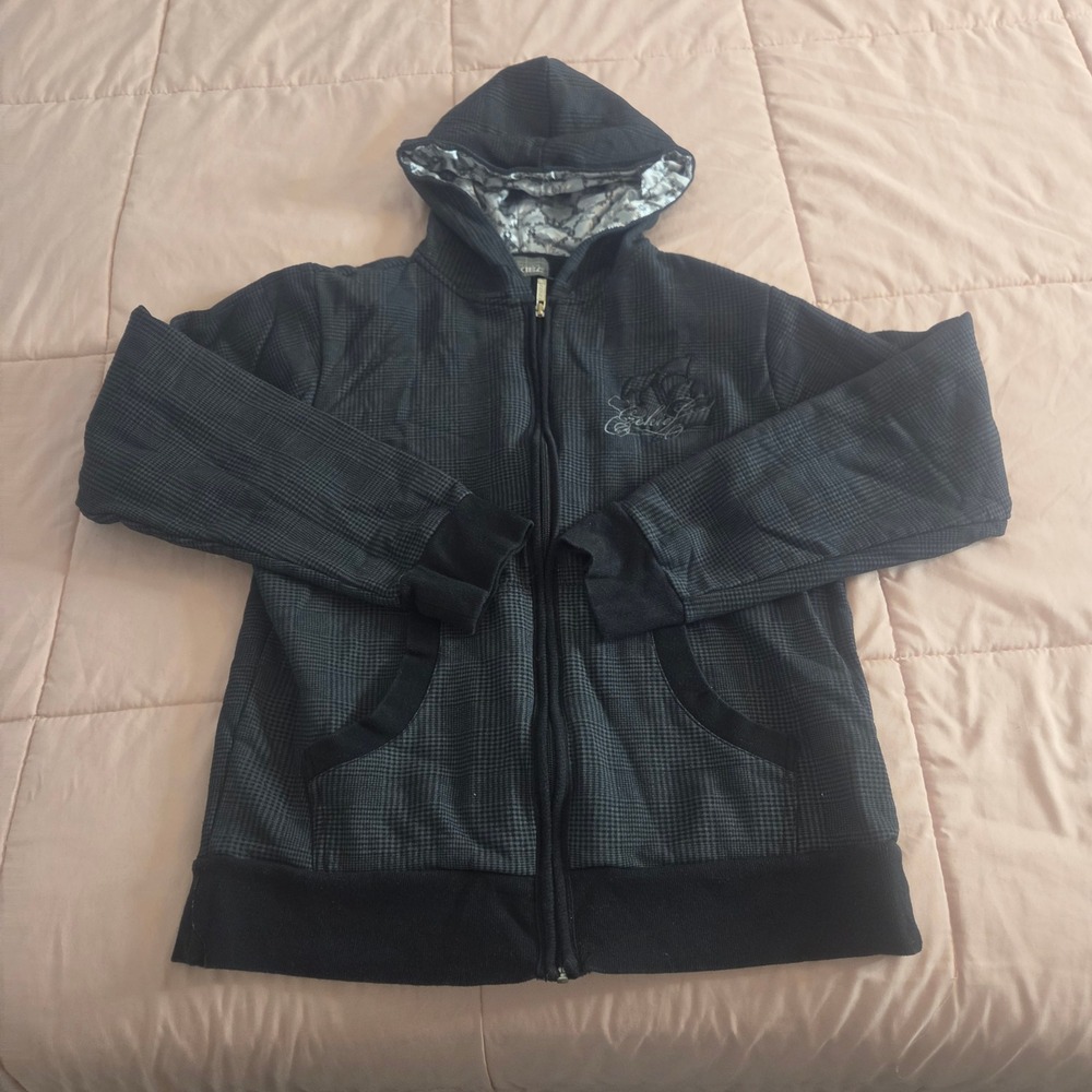 Ezekiel Mens Houndstooth Full Zip Hoodie Black Charcoal Skate Streetwear Size M